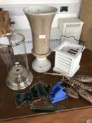 Ceramic vase, glass "storm" lantern, lantern box and other nautical themed objects.