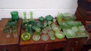 Uranium green pressed glass bowl possibly Sowerby and other green glass.