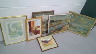 Stanhope Forbes print, Lamorna Birch print, and other framed pictures.