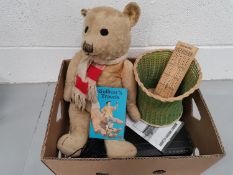 A mixed box of items including a vintage teddy, Panasonic DVD player etc.