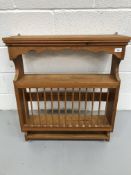 Pine wall mounted dish rack, height 81cm width 68cm depth18cm.