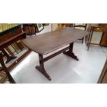 Oak dining table, possible makers mark. Height 71.5cm width 137cm depth 71.5cm