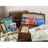 Two vintage suitcases, folding maps, AA car badge, engineers compass, basic conversational French,