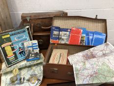 Two vintage suitcases, folding maps, AA car badge, engineers compass, basic conversational French,