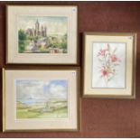 A watercolour of Truro Cathedral by Don Austen, a watercolour of St Enodoc by Frank McNichol and a