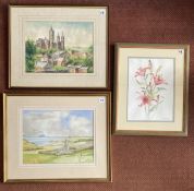 A watercolour of Truro Cathedral by Don Austen, a watercolour of St Enodoc by Frank McNichol and a