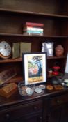 Wood carved buddha head, pewter jug and bowl, photo frames, and miscellaneous items.