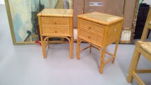 Two glass top cane and wicker bedside drawers height 61cm width 40cm depth 32.5cm