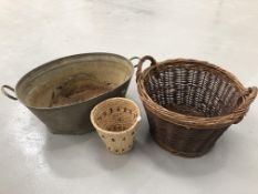 Galvinised tin bath, wicker log basket and a wicker waste bin.