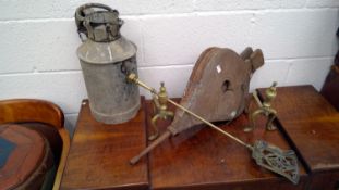 Bellows, brass andirons, brass coal shovel, tin jug.