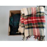 A pair of tartan blankets, knitting wool, hands free magnifying glass, box of buttons and other