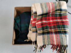 A pair of tartan blankets, knitting wool, hands free magnifying glass, box of buttons and other