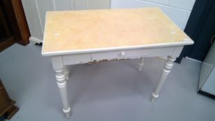 A white painted old pine side table with single drawer height 76cm width 100cm depth 58.5cm