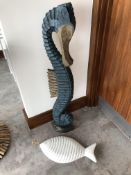 Carved wood seahorse height 100cm and a carved wood fish.