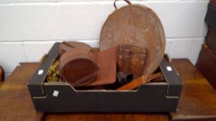 A box containing vintage collar boxes, binoculars, leather gloves, etc.