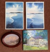 A portrait of Trelissick House by Jane Roose, a small oval shipping oil and a coastal watercolour by