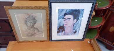 Interior design interest - A Frida Kahlo framed print, 62cm x 41cm, self portrait, together with