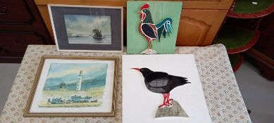 Two unusual mosaics of birds on wooden boards, signed K A Johnson, a Tony Warren watercolour and one