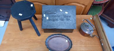 A milking stool, an arts and crafts slippers box a warming pan, copper tray and copper kettle