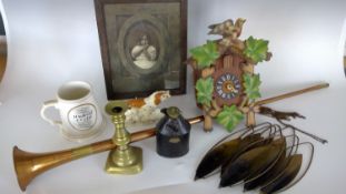 German-made cuckoo clock weights lacking, copper and brass hunting horn, tin cream jug,