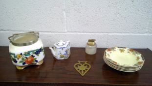 Small Asian style hexagon jug. Five 'GRINDLEY' bowls. A single Horse brass, table lighter, a box