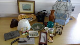 Watercolour signed Colin Fearon 92, Victorian jelly mould, cigarette case, terrarium, small cut-