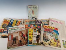 'Biggles Flies Again' by W.E. Johns and a collection of magazines from the 1960s.