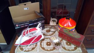 'Russell Hobbs' Supremesteam iron, set of three Canting, 7lb cast iron bell weight, a mixed box of