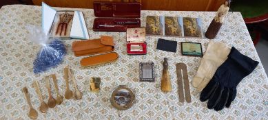 A cased Ronson Varaflame lighter, a similar Colibri monogas example, horn cutlery and other items.