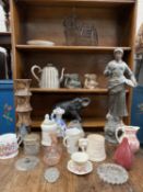 A spelter figure of a fisher wife (damage), EPNS tea pot, a wire made cat basket, mugs etc