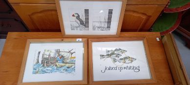 Simon DREW (1952) Three framed and signed humorous prints - 'Puffin Nuffin', 'Mole Mariniere' and '