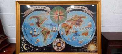 A large framed tapestry of a map of the earth 85cm x 126cm, together with another embroidery and a