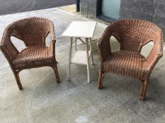 A pair of Lloyd Loom style armchairs and a white painted bamboo occasional table, height 65cm