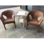 A pair of Lloyd Loom style armchairs and a white painted bamboo occasional table, height 65cm