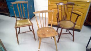 Ercol stick back chair and two Edwardian chairs.