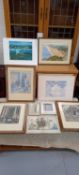 A beach scene, watercolour beach scene, indistinctly signed, together with three woodblock prints,