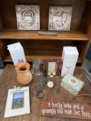 Two reconstituted stone garden zodiac plaques, a BC.Ames gauge indicator, BaroliGrace boxed glasses,