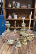 Two shop bells, brass lamp bases, metalware and brassware in one box.Condition report: