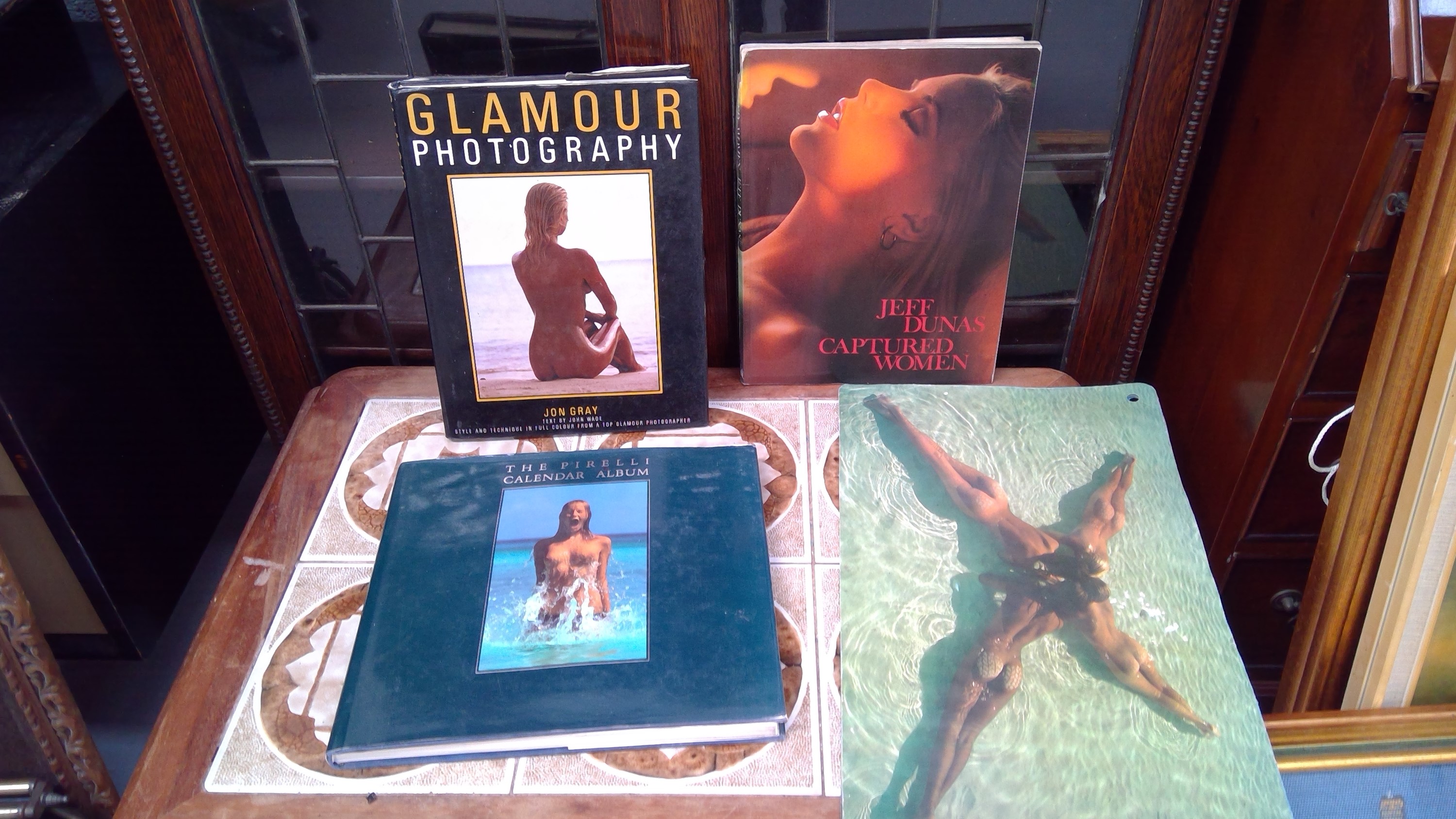 A collection of glamour modeling books, along with a box containing a wide variety of other books.