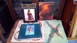 A collection of glamour modeling books, along with a box containing a wide variety of other books.