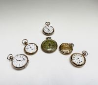 Two silver and gilt cased keyless watches three gold plated fob watches (one by Waltham no.