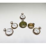 Two silver and gilt cased keyless watches three gold plated fob watches (one by Waltham no.