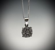 A pretty 18ct white gold diamond target cluster pendant on 9ct white gold chain, cluster diameter