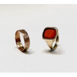 A 9ct gold signet ring set carnelian 4.8gm size P, a late Victorian fancy 9ct band 1.9gm size O/P UK