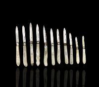 A collection of eleven silver bladed folding fruit knives, each with mother of pearl scales