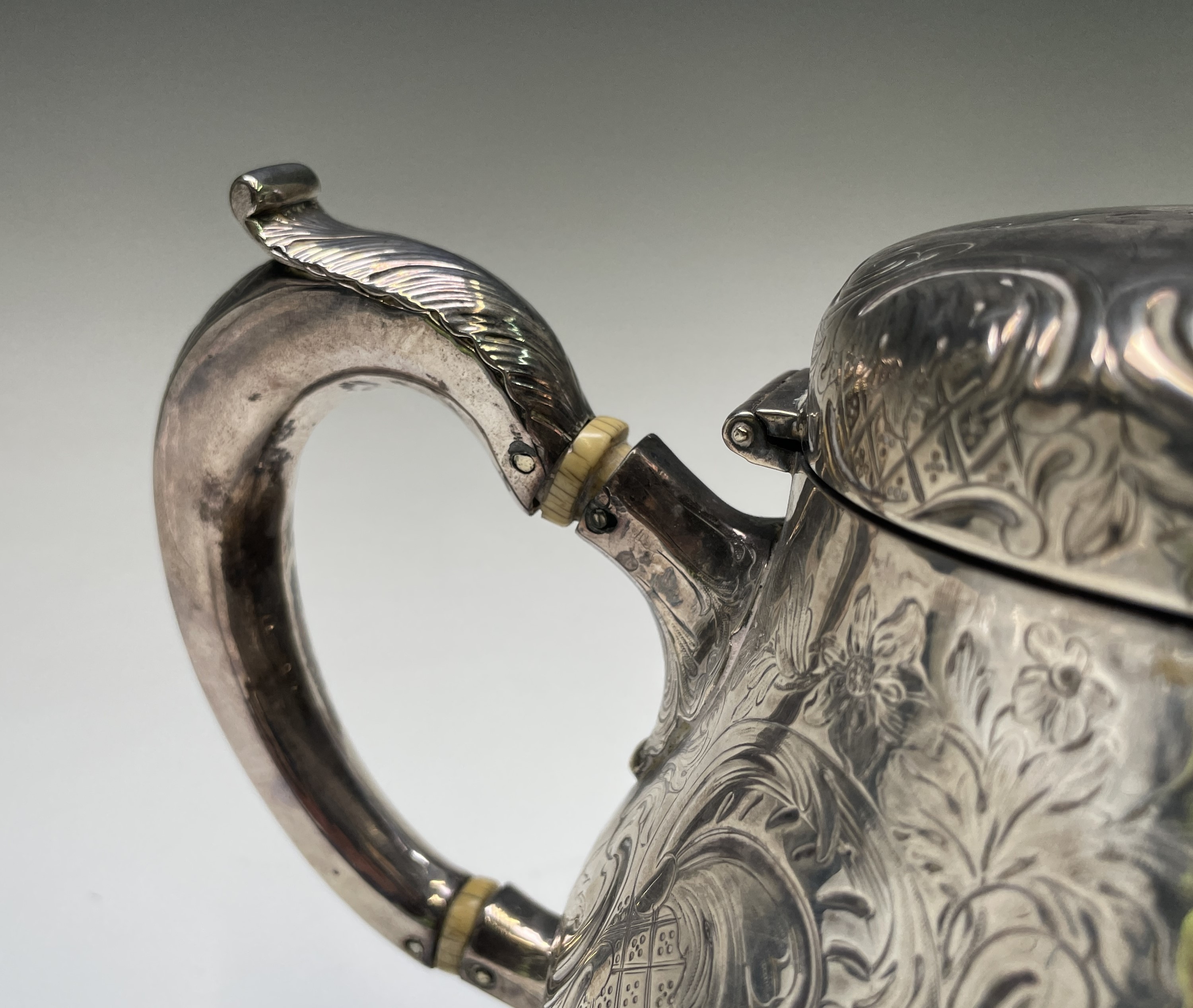 A Victorian Dublin silver pear shape engraved teapot by Robert W Smith Dublin 1849 23.7oz Later G. - Image 14 of 14