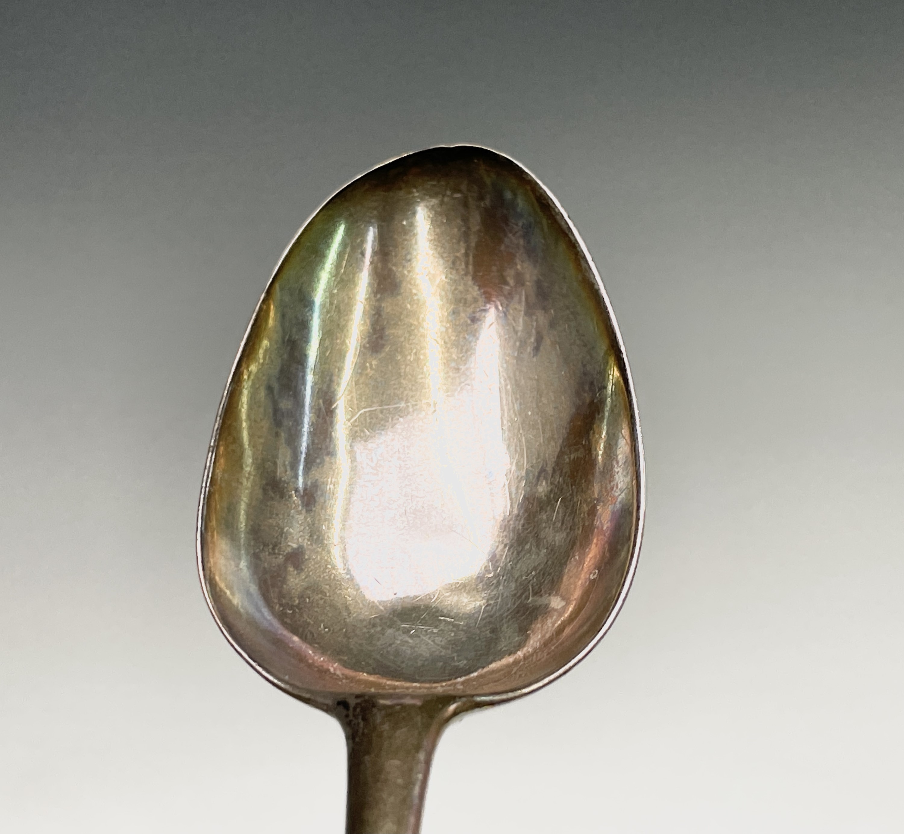 Two George III silver tablespoons marks worn, one has a lace back bowl and Hester Bateman makers - Image 5 of 11