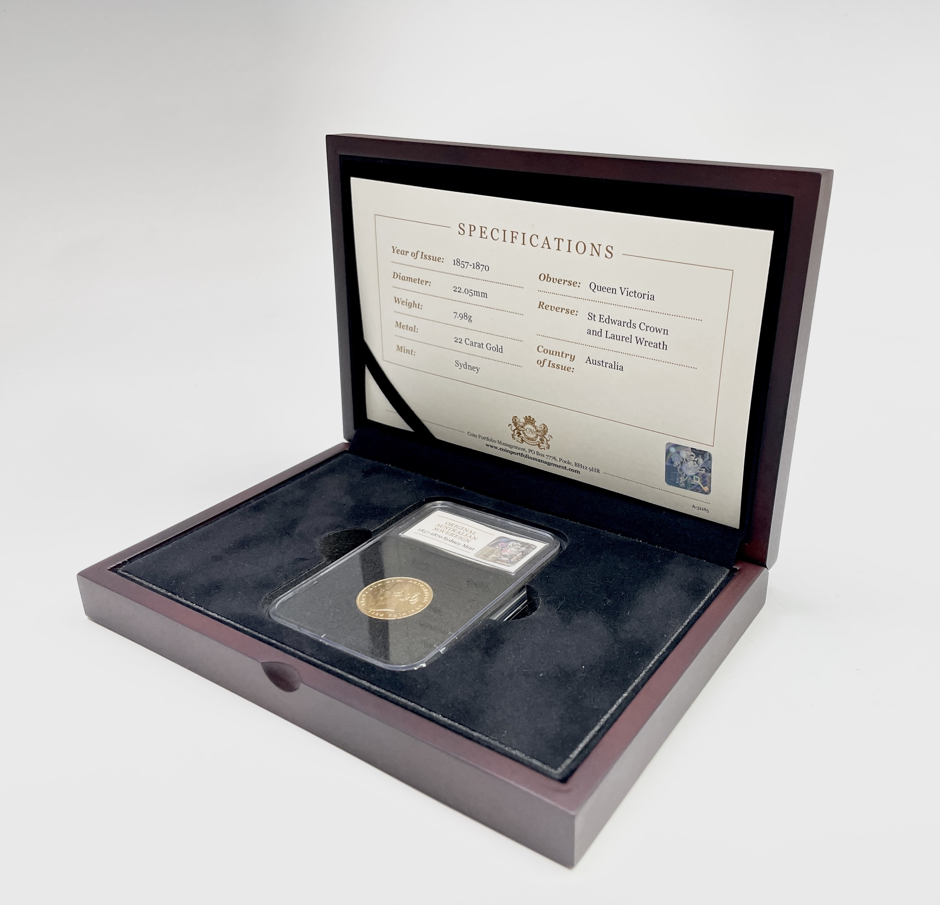 Australian 1868 Sydney Mint gold sovereign. In Coin Portfolio Management capsule and with box UK
