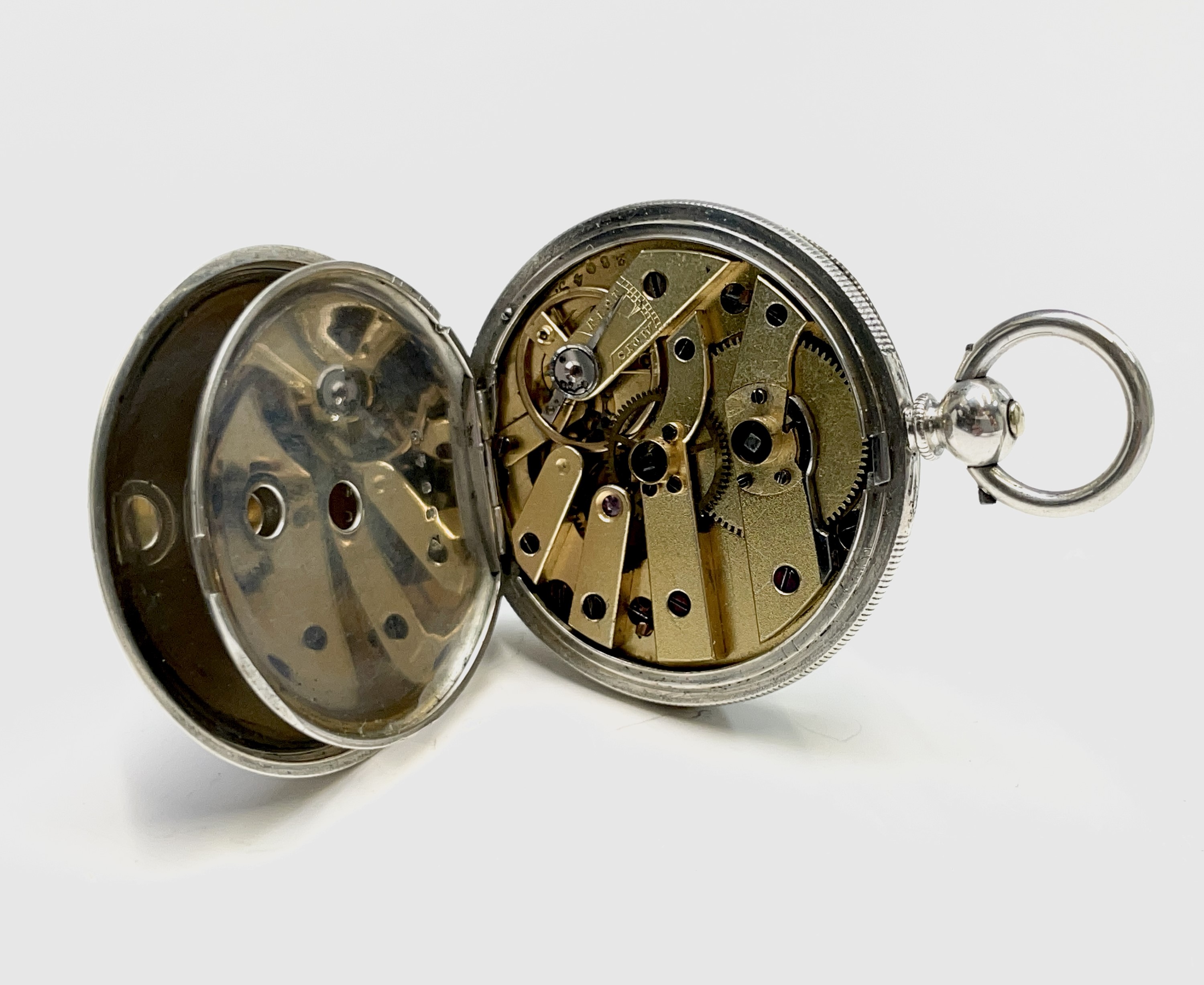 Ten silver cased key-wind fob watches each with plain white open face, the largest is 41mm. - Image 70 of 75