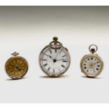 A 9ct gold cased open face keyless pocket watch 50.5mm 82.9gm together with two 9ct gold fob